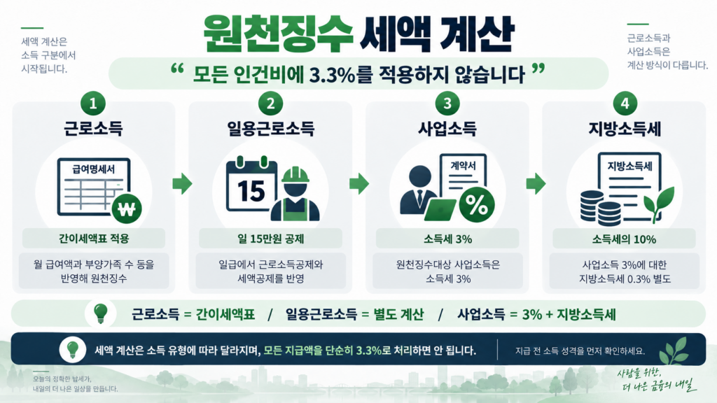 원천징수 계산 근로소득 일용근로자 프리랜서 3.3%