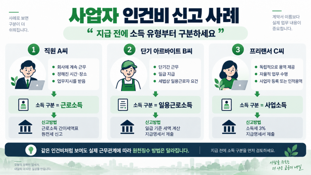 사업자 인건비 신고 직원 일용직 프리랜서 원천징수 사례