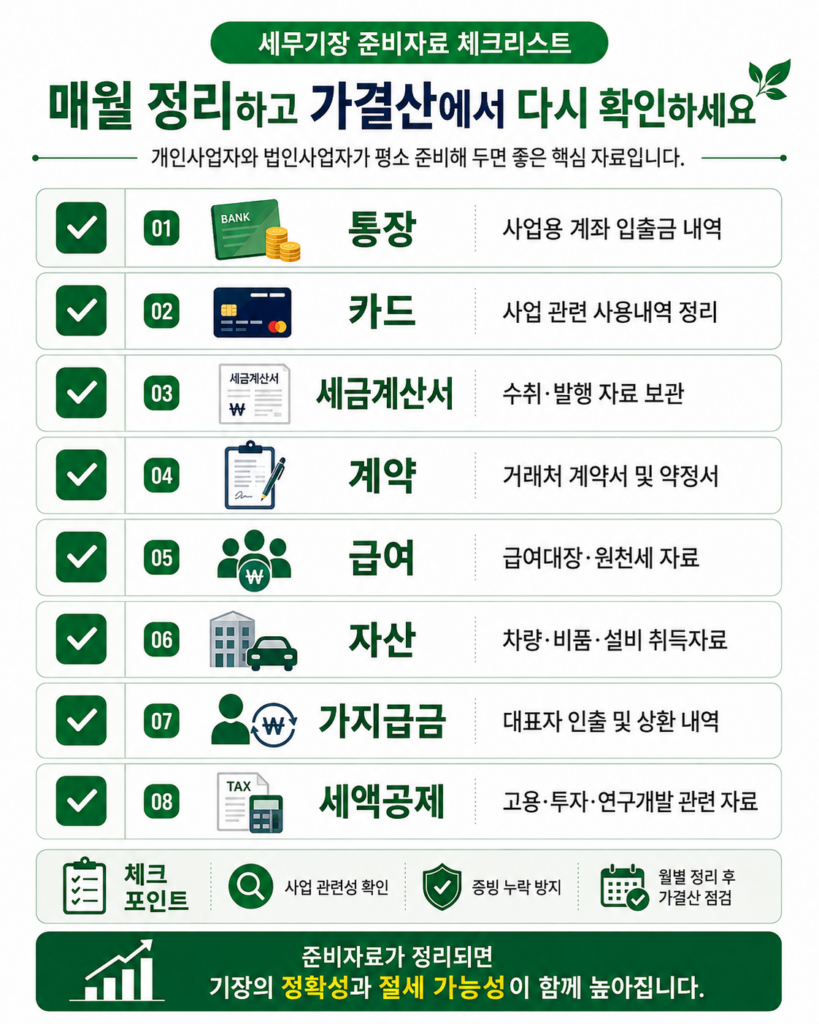 세무기장 개인 법인사업자 준비자료 체크리스트