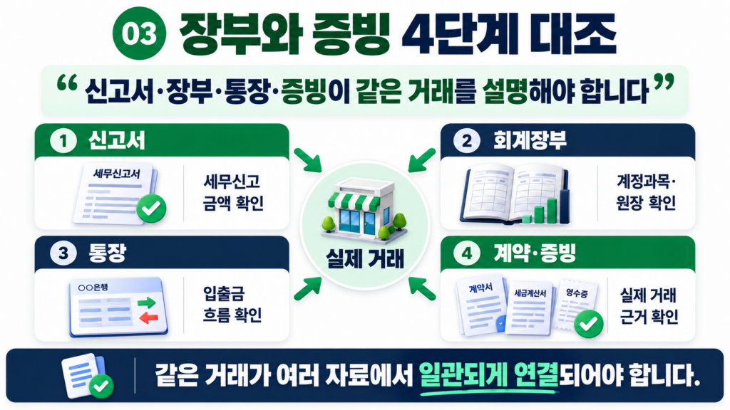 세무기장 신고서 장부 통장 계약서 증빙 대조 구조