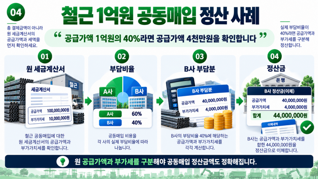 공동도급 철근 공급가액 1억원 구성사 40퍼센트 세금계산서 가상 사례