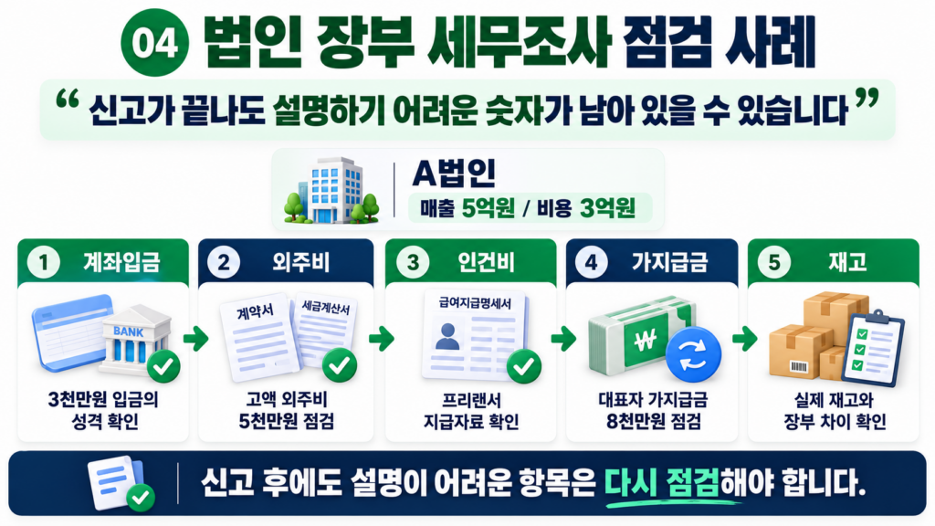송도 법인 세무기장 매출 5억원 비용 3억원 세무조사 장부 가상 사례