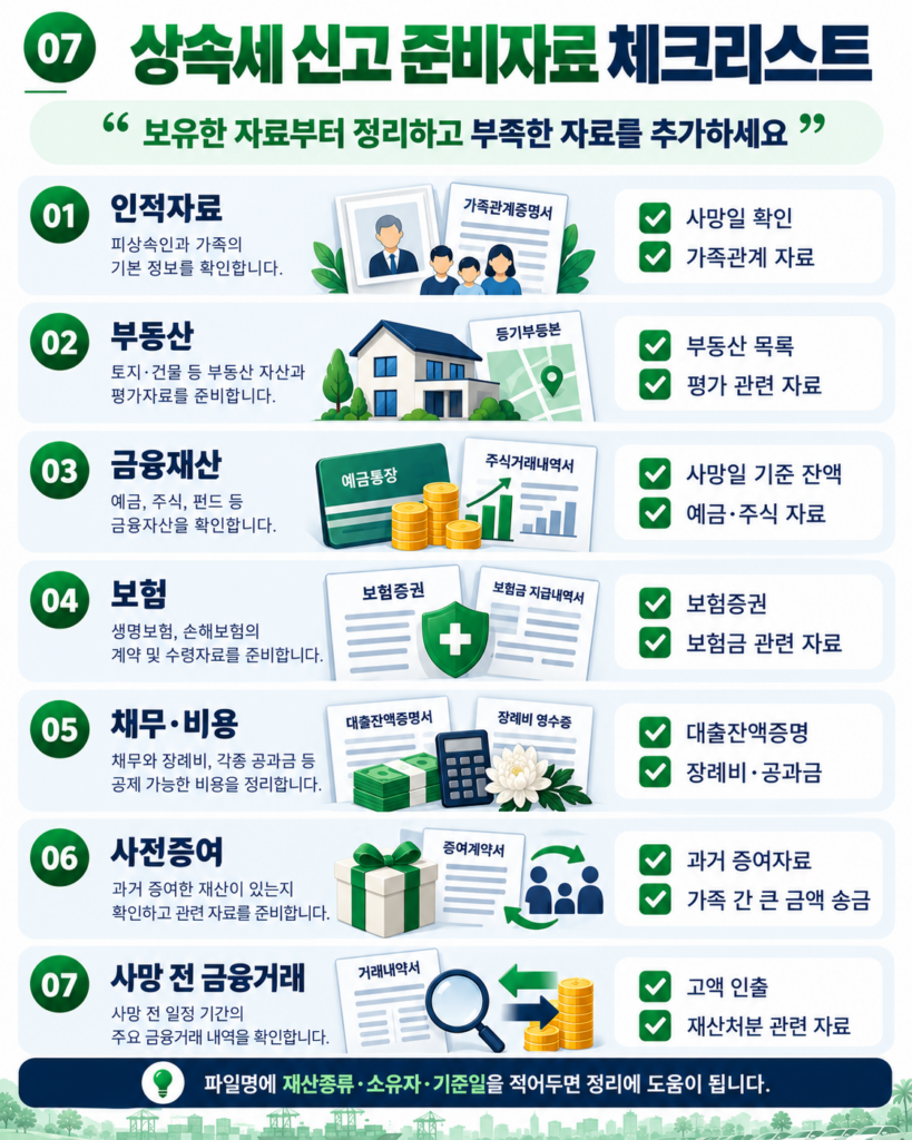 상속세 신고 서류 금융재산 채무 사전증여 준비자료 체크리스트